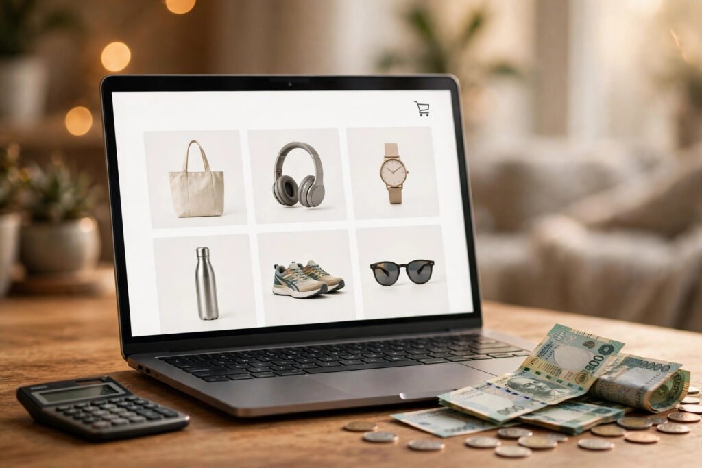 Ecommerce website cost in Pakistan 2026 — online store with Pakistani rupee notes and calculator
