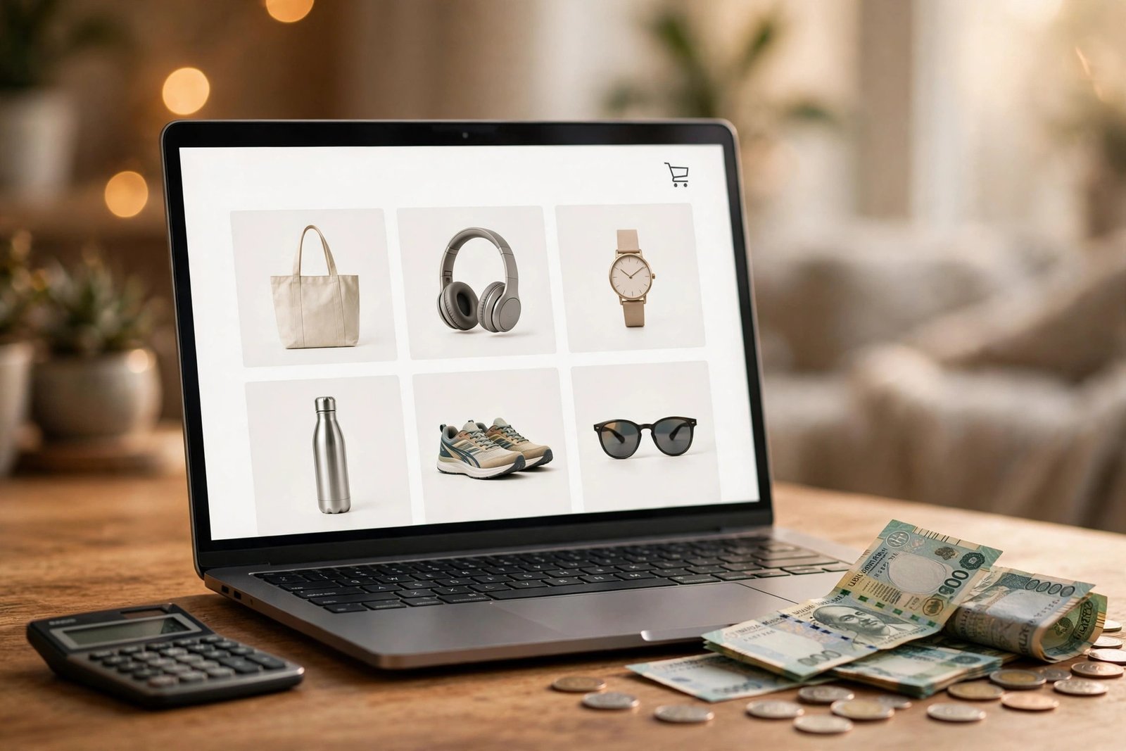 Ecommerce website cost in Pakistan 2026 — online store with Pakistani rupee notes and calculator