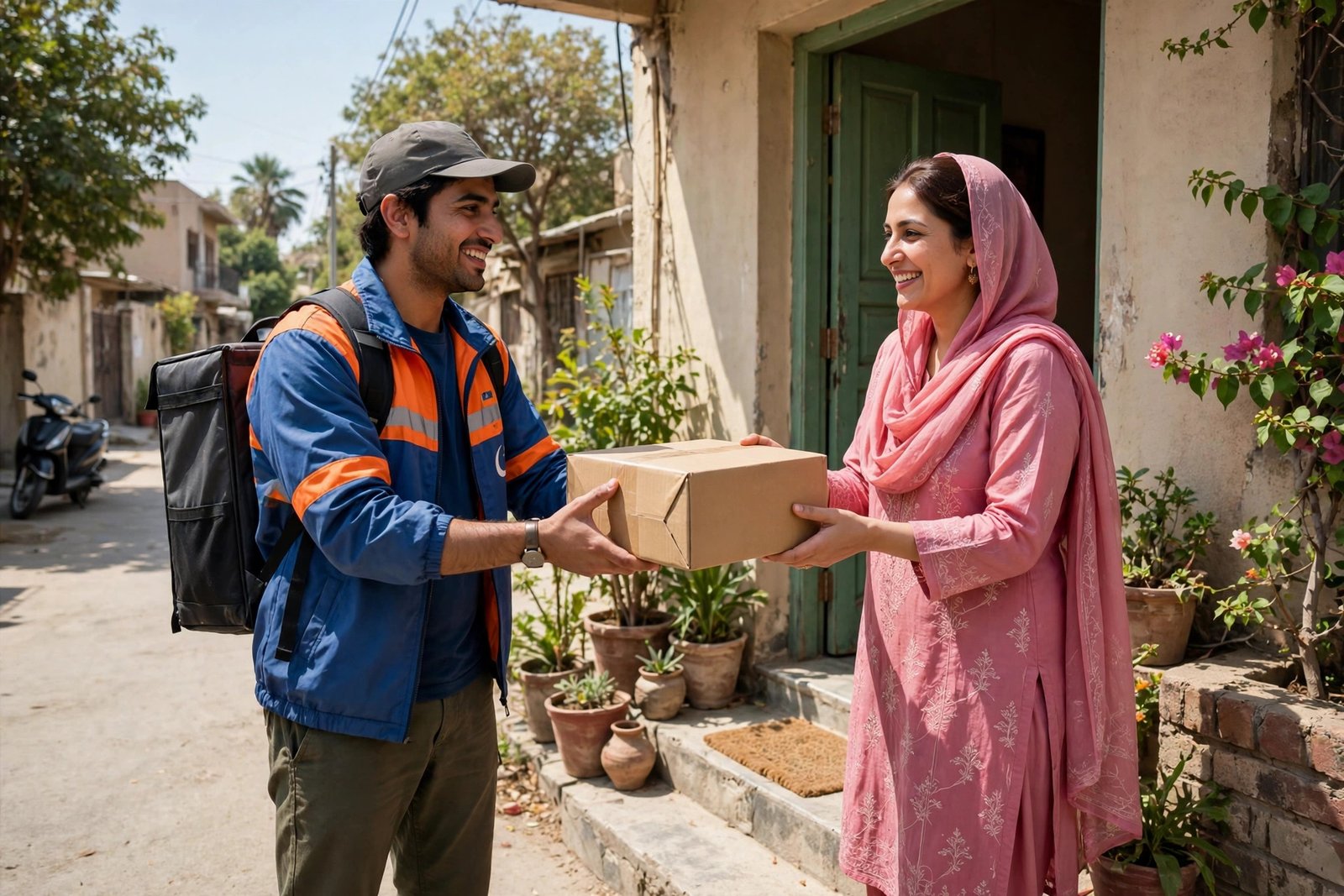 Reduce COD returns in Pakistan — courier handing a parcel to a customer